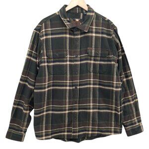 Orvis Flannel Shirt Jacket Mens Green Cream Plaid Cotton Pockets Size XL
